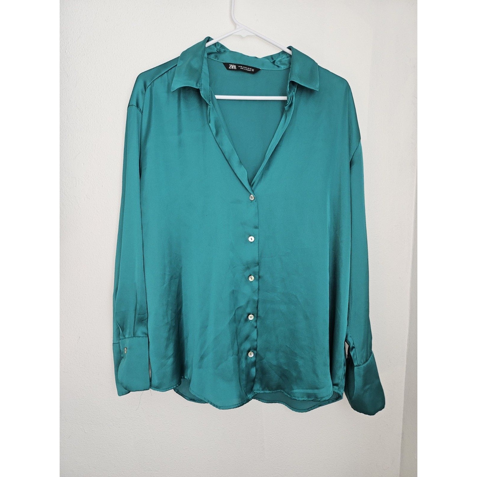 Zara Teal Green Satin Effect Long Sleeve Button Down Xl